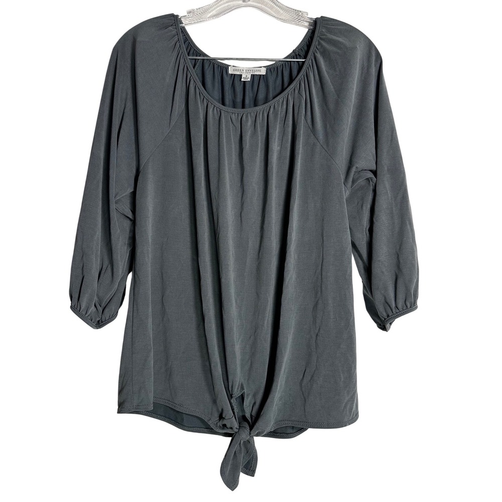 Green Envelope Los Angeles Grey Tie Front 3/4 Sleeve Blouse Small‎ Made in USA
